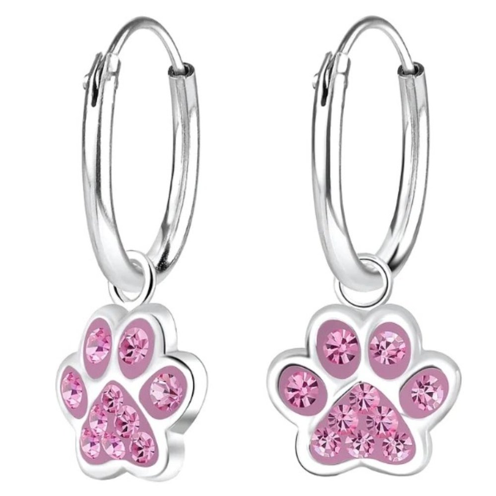 Sterling Silver Paw Print Charm Hoop Earrings